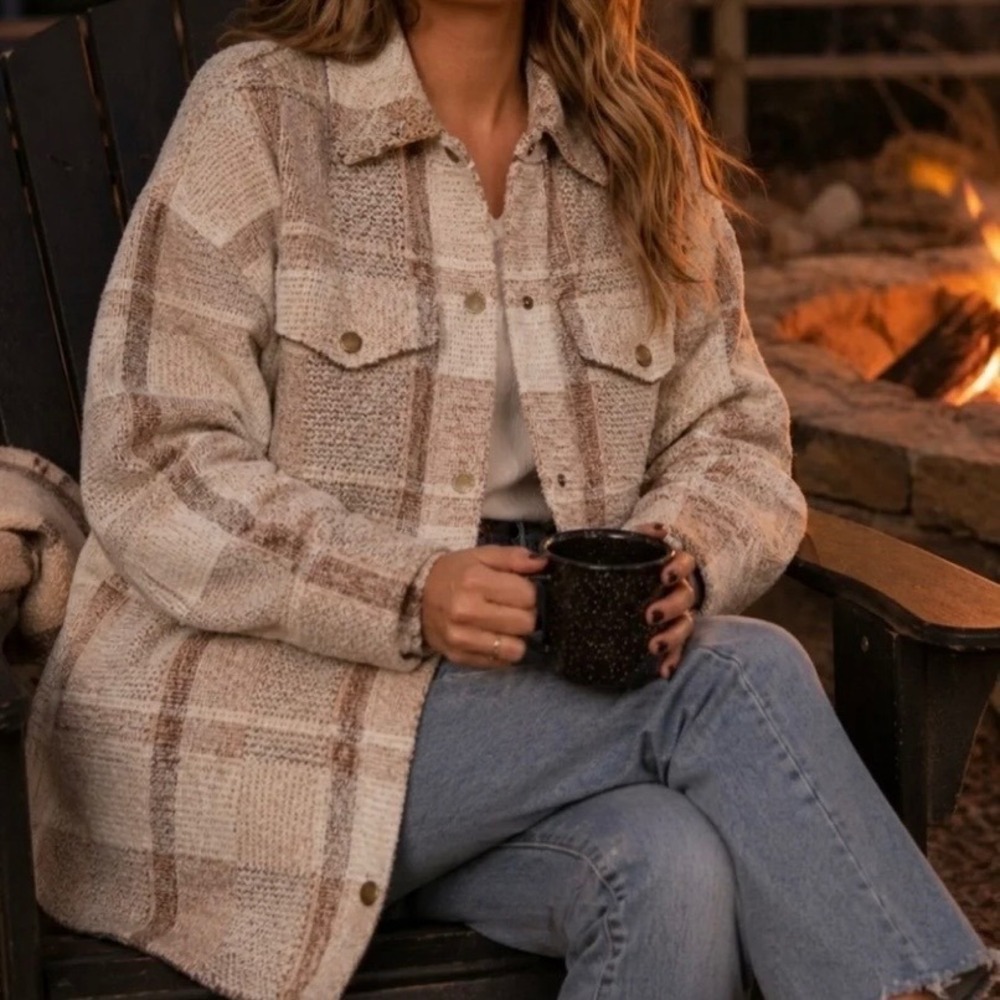Rachel Zoe Tan Plaid Fuzzy Knit Jacket / Shacket Neutral Snap Sz 1X Utility Fall